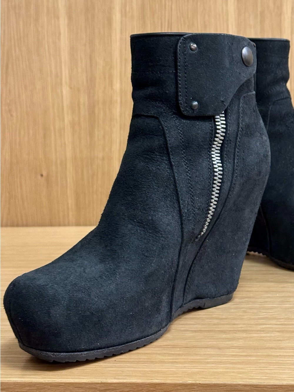 Rick Owens Black Suede Wedge Ankle Boots with Side Zip, Women’s EU 36.5 / US 6.5